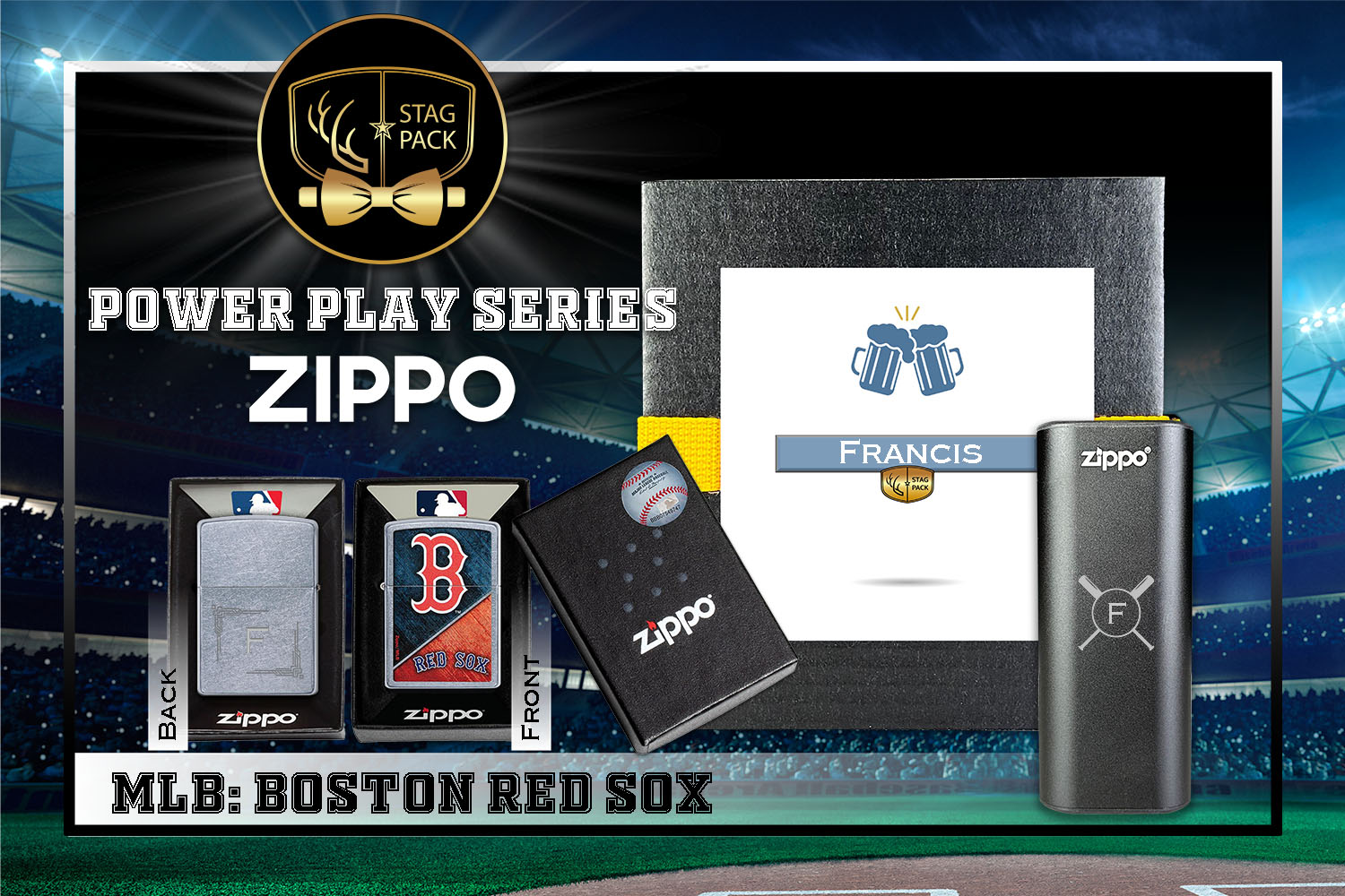 Custom Engraved Groomsmen Gift with MLB Zippo Windproof Lighter& Heatbank in a Personalized Gift Box.