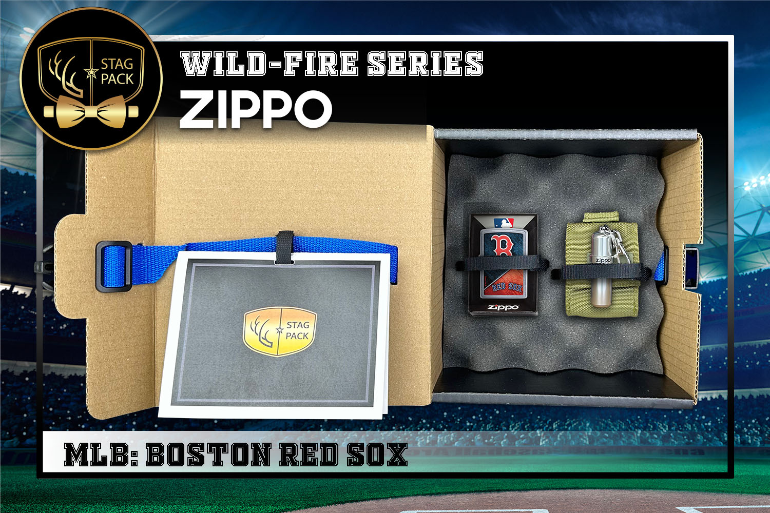 Custom Engraved Groomsmen Gift with MLB Windproof Zippo Lighter, a Fluid Canister and Pouch packaged in a Personalized Gift Box with a Message Card.