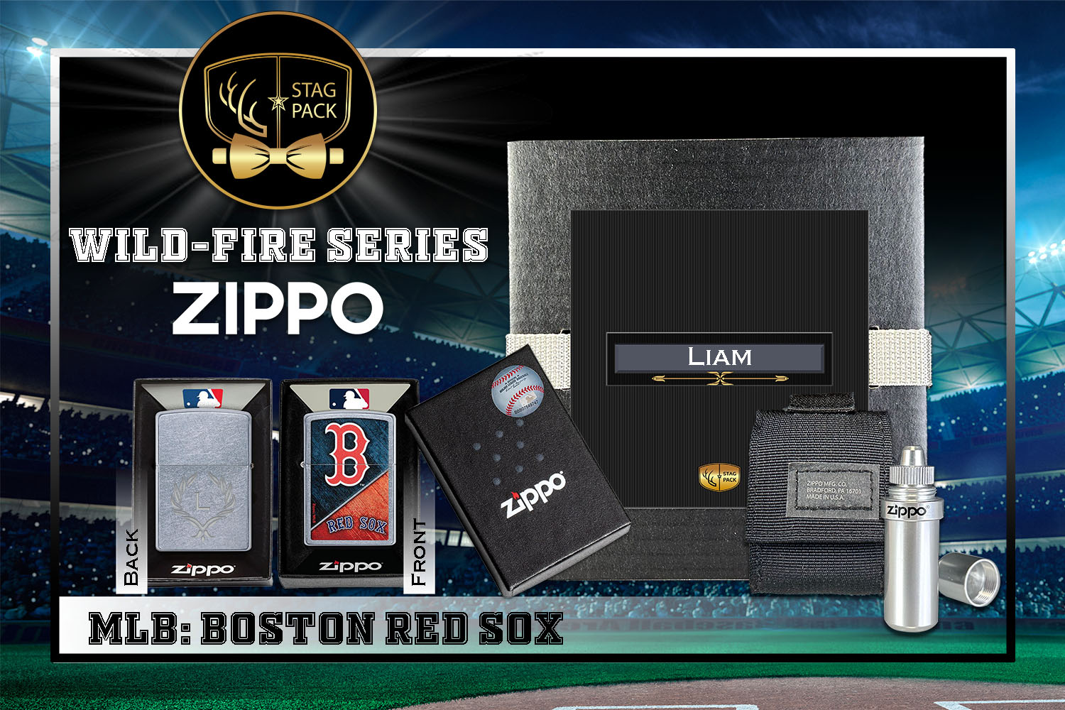 Custom Engraved Groomsmen Gift with MLB Windproof Zippo Lighter, a Fluid Canister and Pouch Gift-Pack in a Personalized Gift Box.