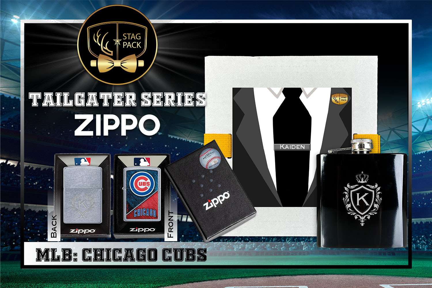 Custom Engraved Groomsmen Gift with Flask & Zippo Windproof Lighter in a Personalized Gift Box.