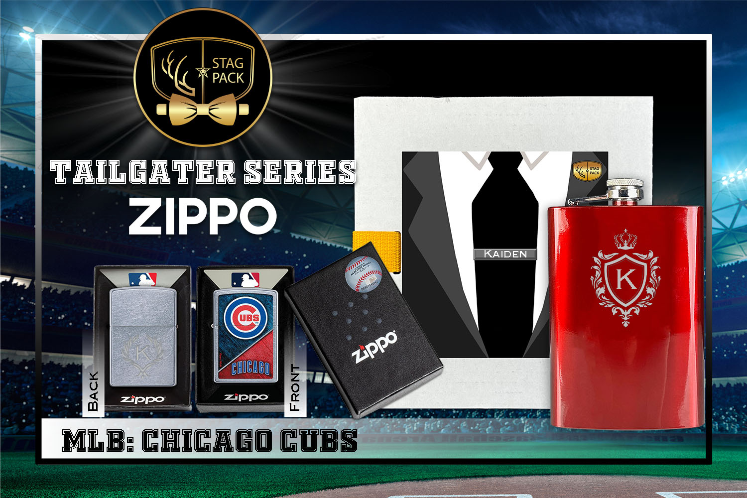 Custom Engraved Groomsmen Gift with Flask & Zippo Windproof Lighter in a Personalized Gift Box.