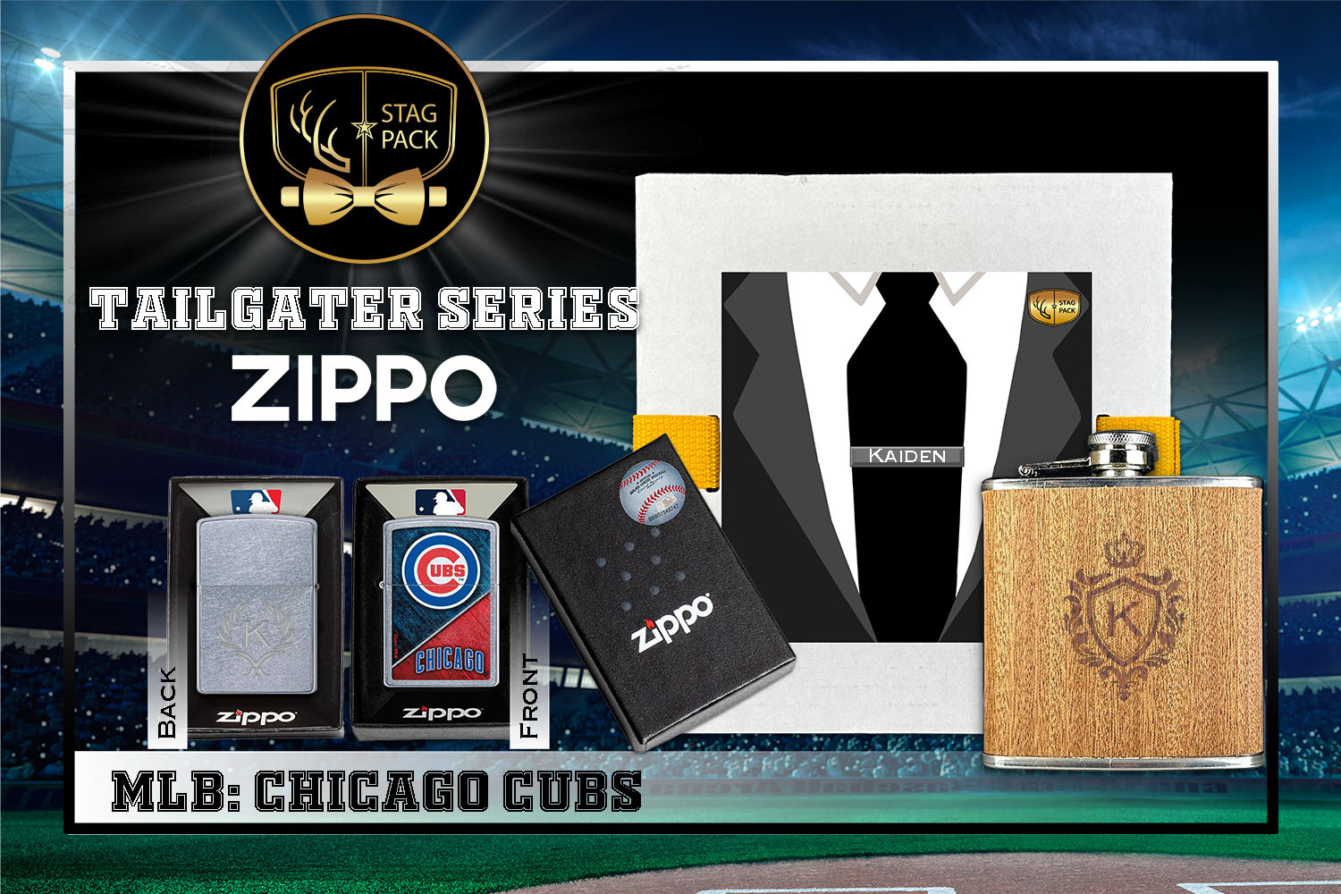 Custom Engraved Groomsmen Gift with Flask & Zippo Windproof Lighter in a Personalized Gift Box.