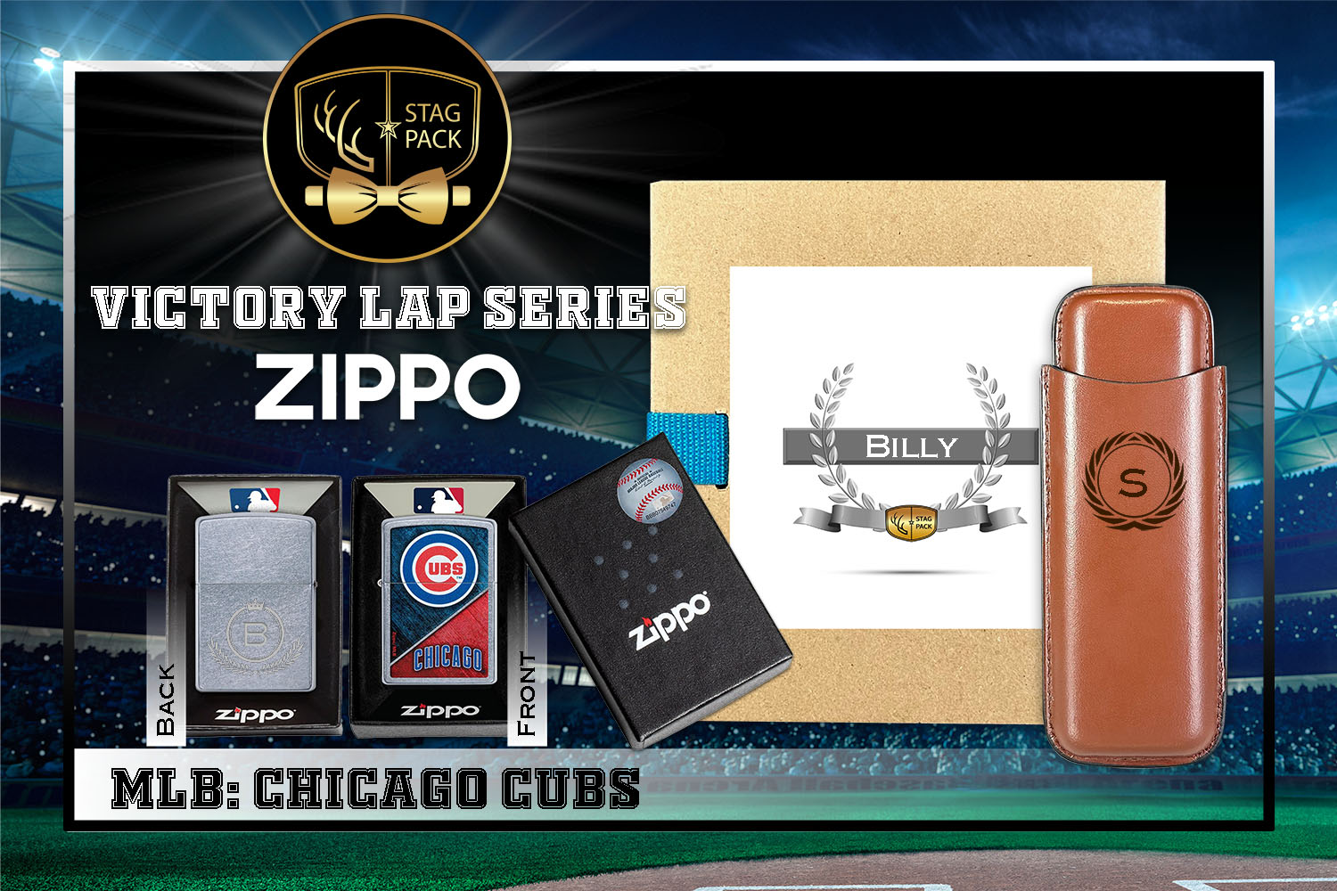 Custom Engraved Groomsmen Gift with Dual Sleeve Leather Cigar Case & Zippo Windproof Lighter in a Personalized Gift Box.