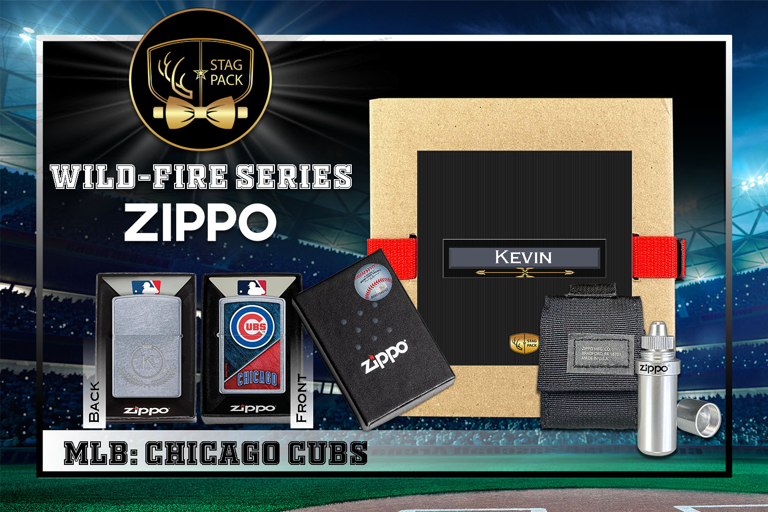 Custom Engraved Groomsmen Gift with MLB Windproof Zippo Lighter, a Fluid Canister and Pouch Gift-Pack in a Personalized Gift Box.