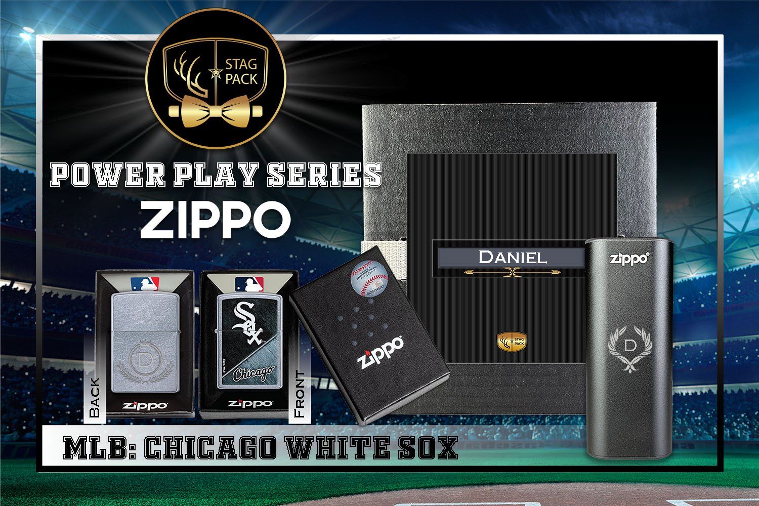 Custom Engraved Groomsmen Gift with MLB Zippo Windproof Lighter& Heatbank in a Personalized Gift Box.