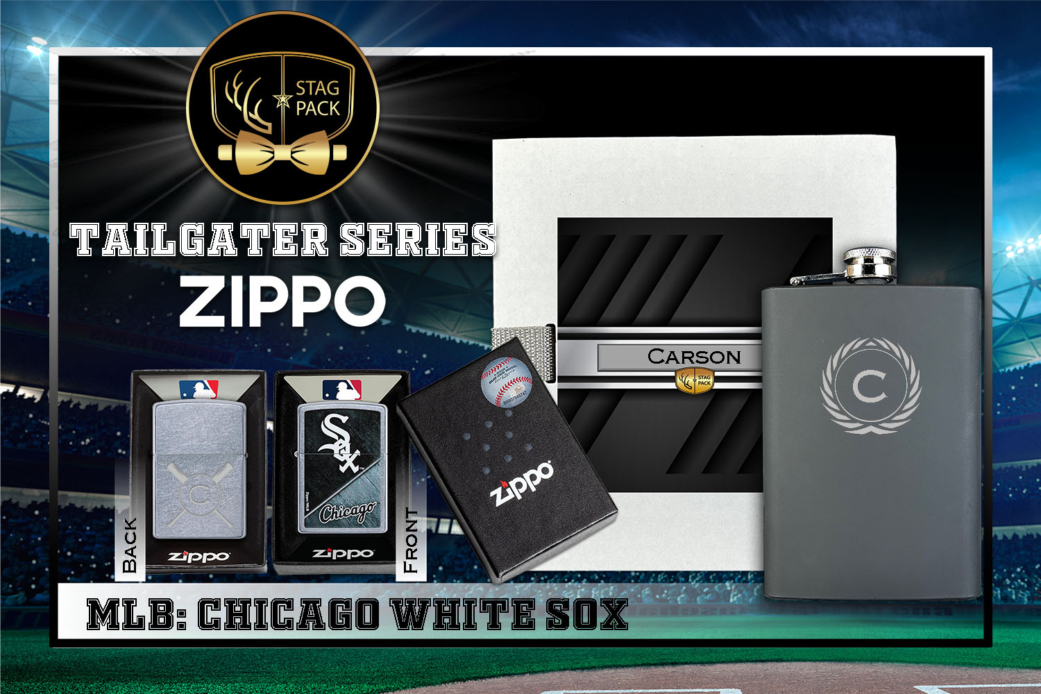 Custom Engraved Groomsmen Gift with Flask & Zippo Windproof Lighter in a Personalized Gift Box.