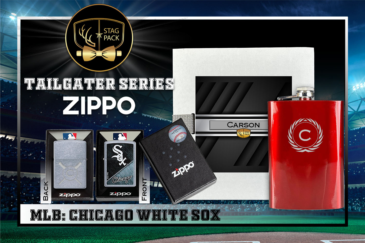 Custom Engraved Groomsmen Gift with Flask & Zippo Windproof Lighter in a Personalized Gift Box.