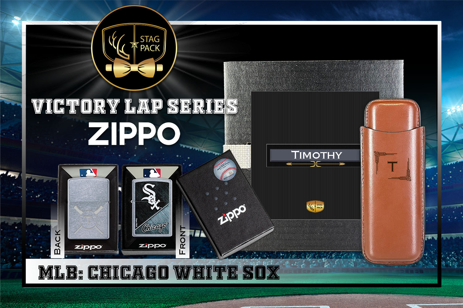 Custom Engraved Groomsmen Gift with Dual Sleeve Leather Cigar Case & Zippo Windproof Lighter in a Personalized Gift Box.