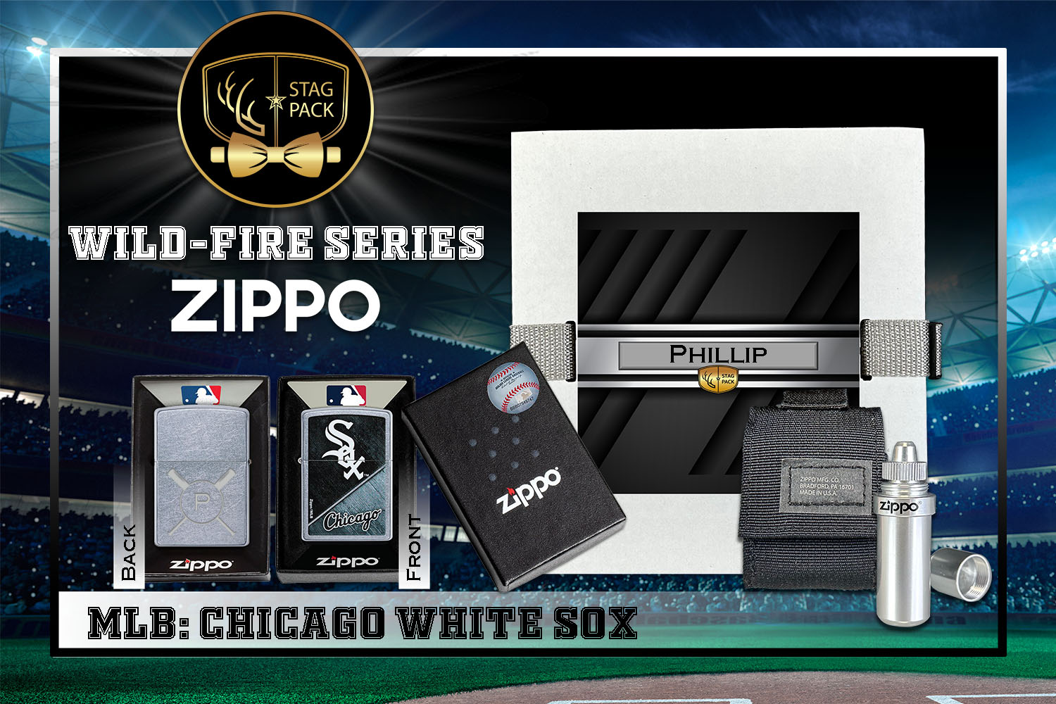 Custom Engraved Groomsmen Gift with MLB Windproof Zippo Lighter, a Fluid Canister and Pouch Gift-Pack in a Personalized Gift Box.