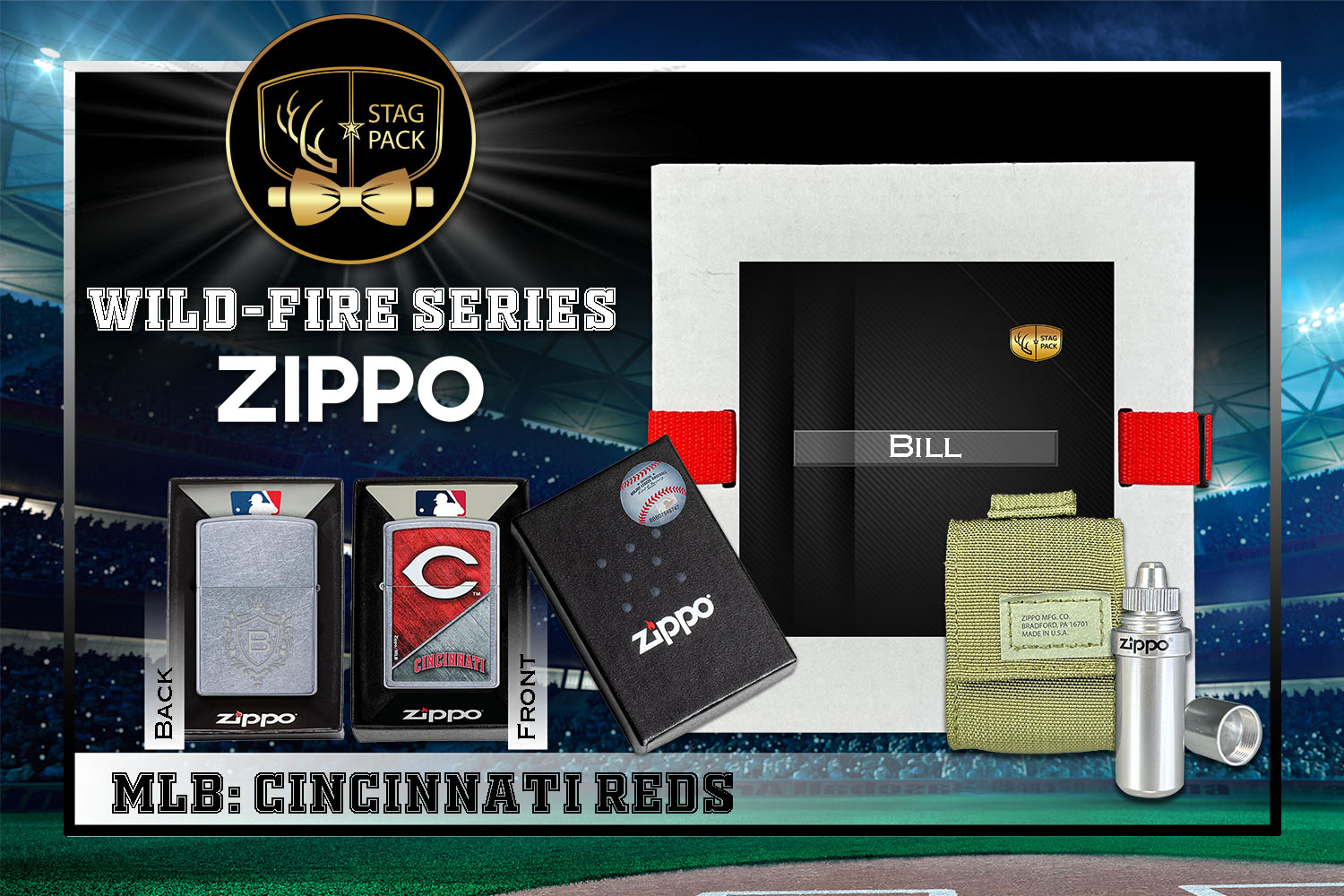 Custom Engraved Groomsmen Gift with MLB Windproof Zippo Lighter, a Fluid Canister and Pouch Gift-Pack in a Personalized Gift Box.