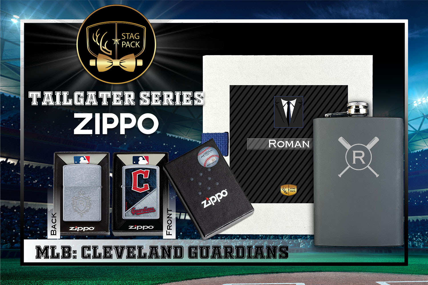 Custom Engraved Groomsmen Gift with Flask & Zippo Windproof Lighter in a Personalized Gift Box.