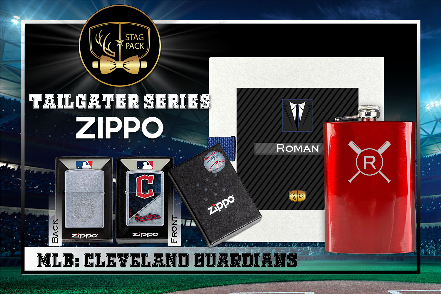 Custom Engraved Groomsmen Gift with Flask & Zippo Windproof Lighter in a Personalized Gift Box.