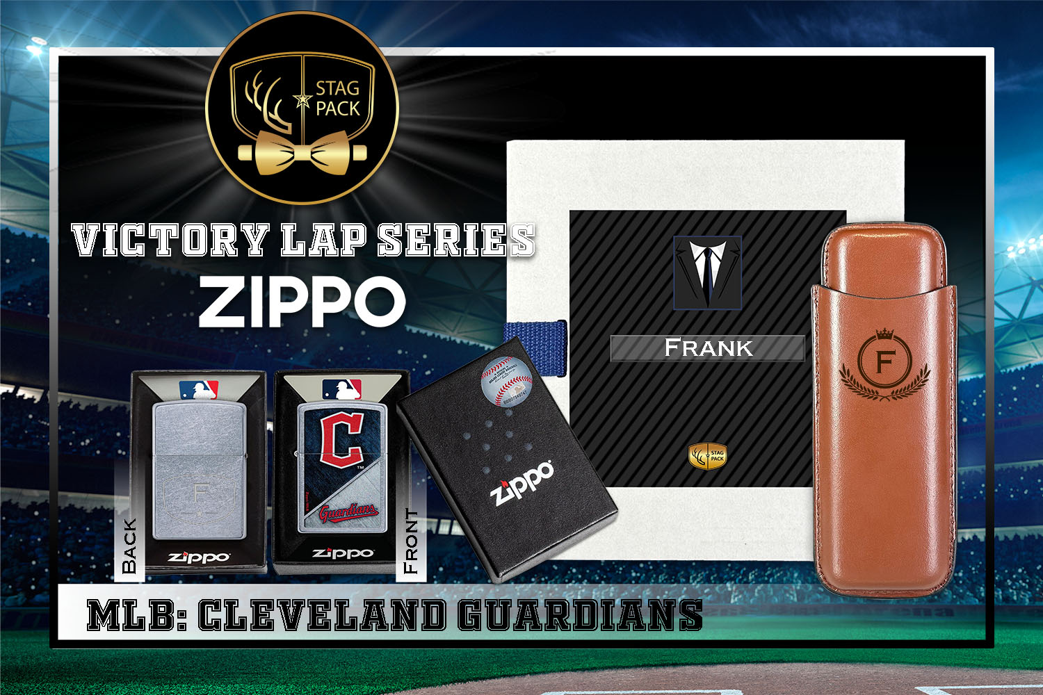 Custom Engraved Groomsmen Gift with Dual Sleeve Leather Cigar Case & Zippo Windproof Lighter in a Personalized Gift Box.