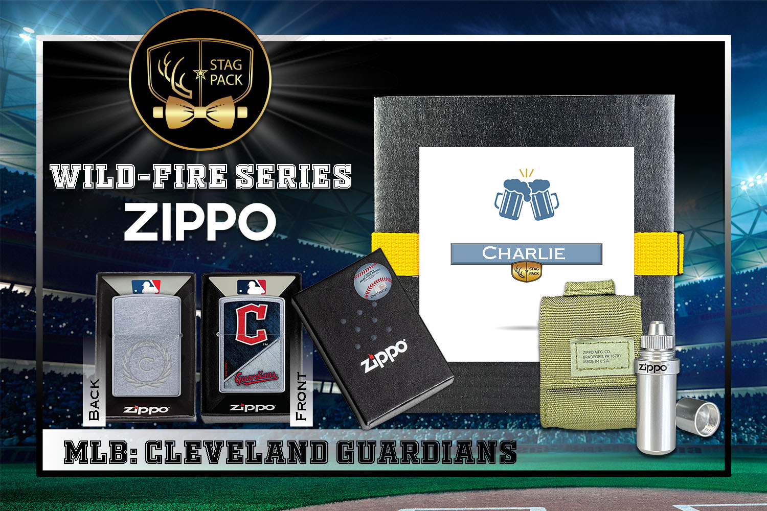 Custom Engraved Groomsmen Gift with MLB Windproof Zippo Lighter, a Fluid Canister and Pouch Gift-Pack in a Personalized Gift Box.