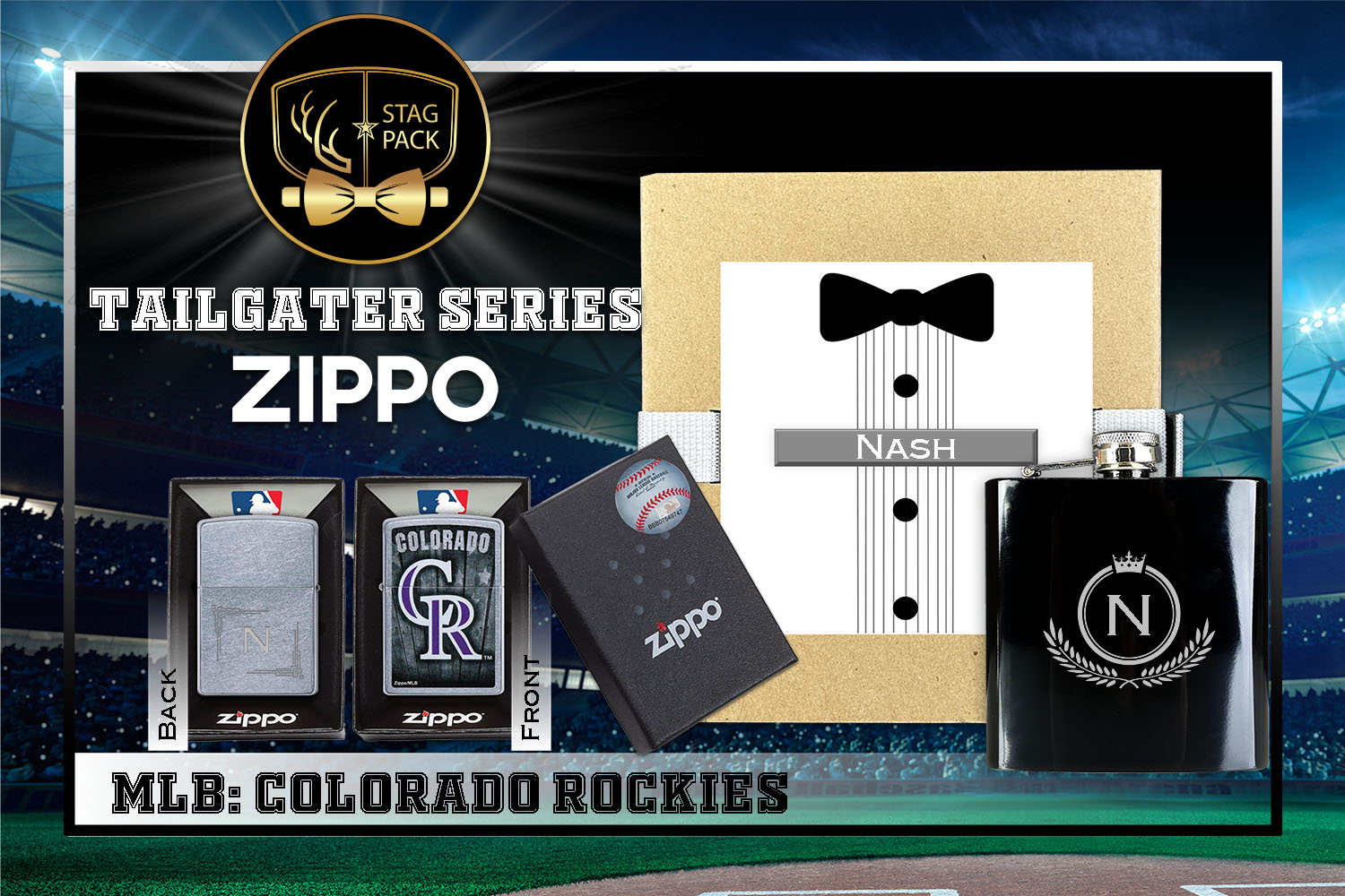 Custom Engraved Groomsmen Gift with Flask & Zippo Windproof Lighter in a Personalized Gift Box.