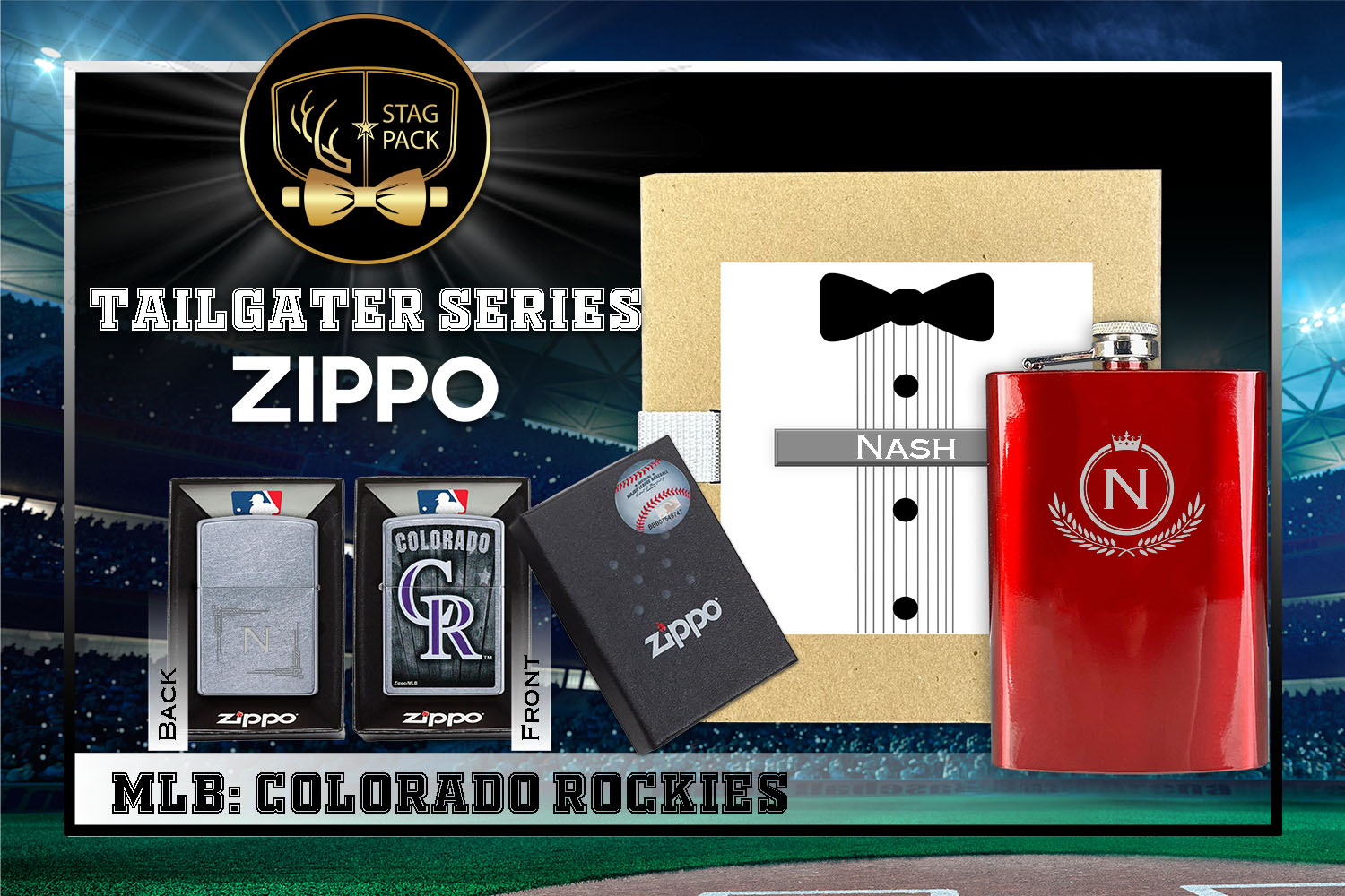 Custom Engraved Groomsmen Gift with Flask & Zippo Windproof Lighter in a Personalized Gift Box.