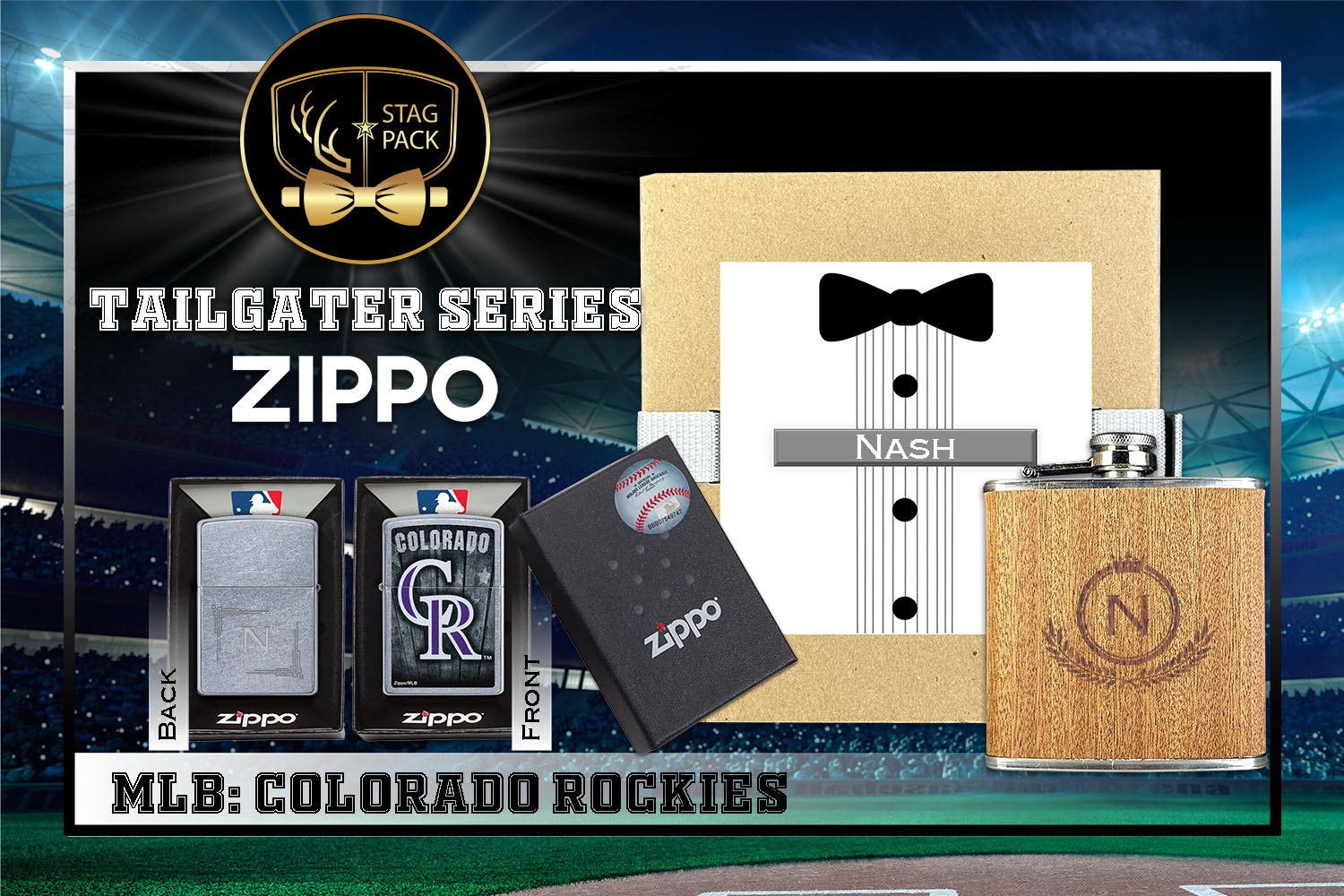 Custom Engraved Groomsmen Gift with Flask & Zippo Windproof Lighter in a Personalized Gift Box.