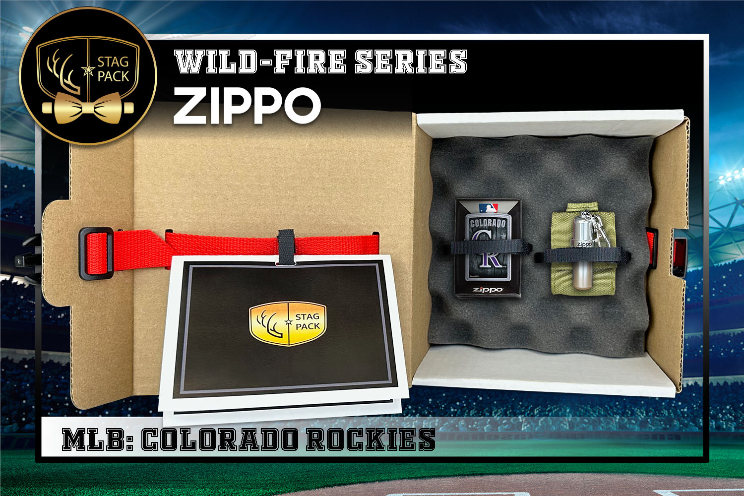 Custom Engraved Groomsmen Gift with MLB Windproof Zippo Lighter, a Fluid Canister and Pouch packaged in a Personalized Gift Box with a Message Card.