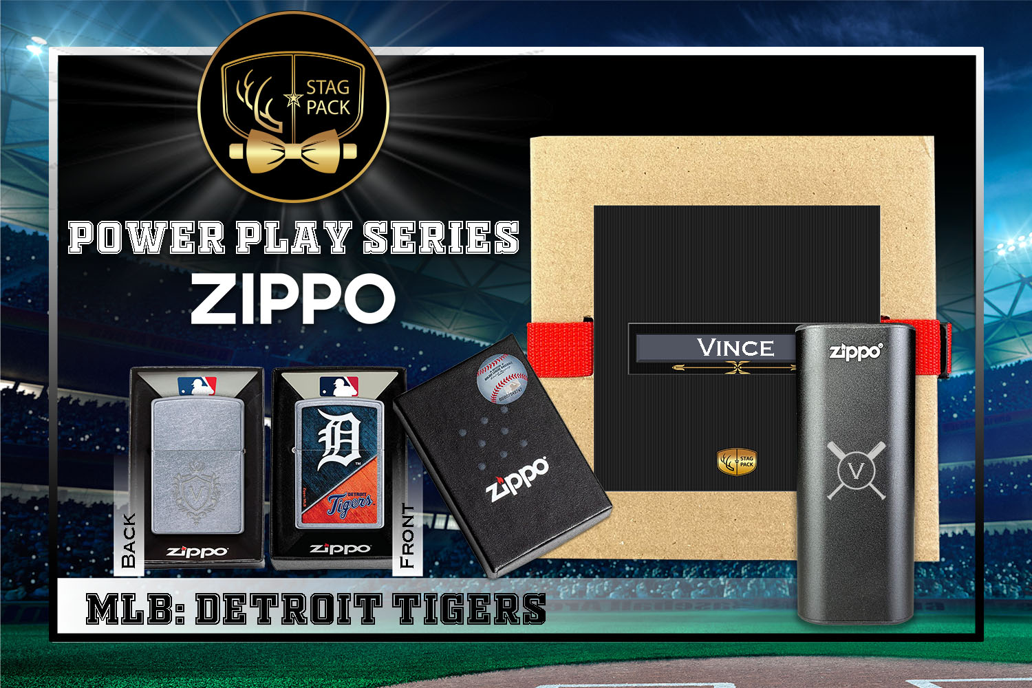 Custom Engraved Groomsmen Gift with MLB Zippo Windproof Lighter& Heatbank in a Personalized Gift Box.