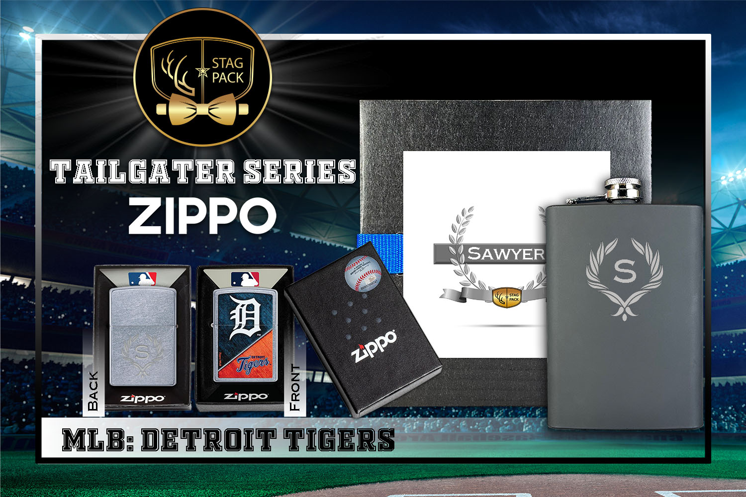 Custom Engraved Groomsmen Gift with Flask & Zippo Windproof Lighter in a Personalized Gift Box.