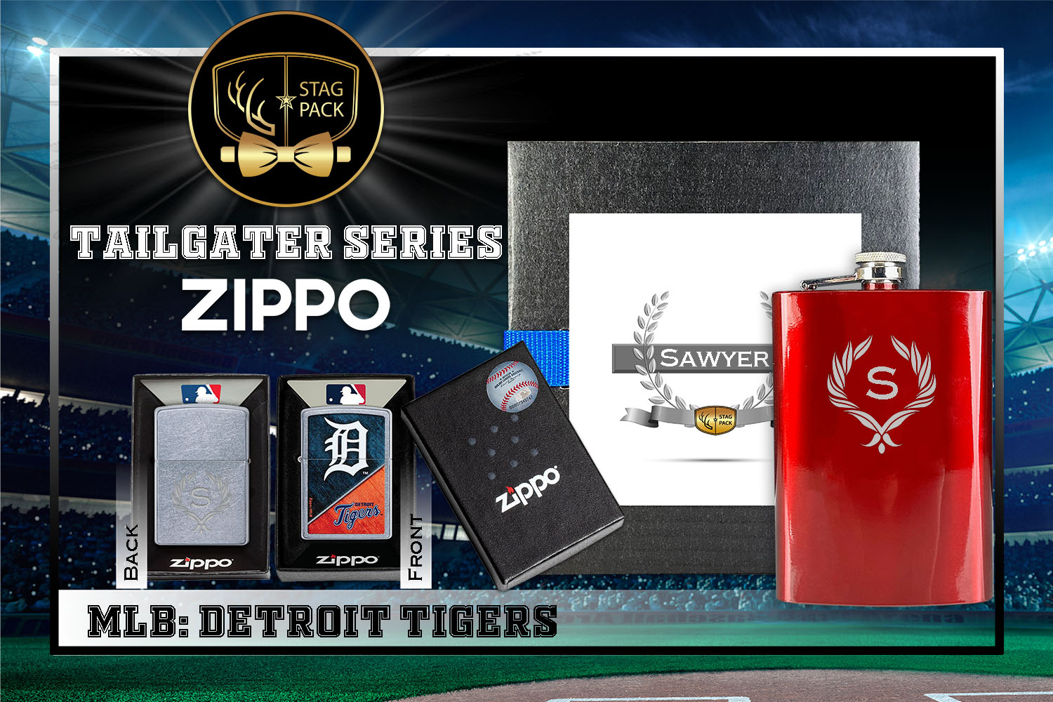 Custom Engraved Groomsmen Gift with Flask & Zippo Windproof Lighter in a Personalized Gift Box.