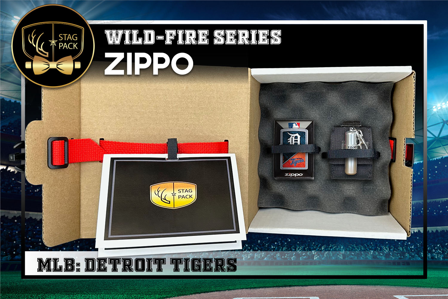 Custom Engraved Groomsmen Gift with MLB Windproof Zippo Lighter, a Fluid Canister and Pouch packaged in a Personalized Gift Box with a Message Card.