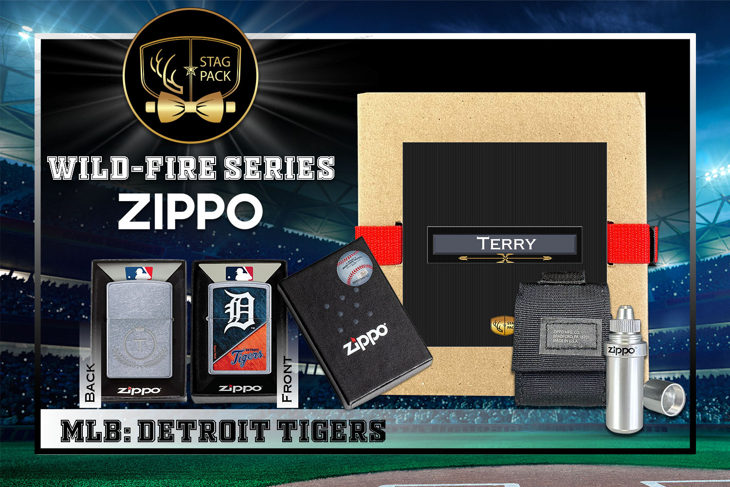 Custom Engraved Groomsmen Gift with MLB Windproof Zippo Lighter, a Fluid Canister and Pouch Gift-Pack in a Personalized Gift Box.