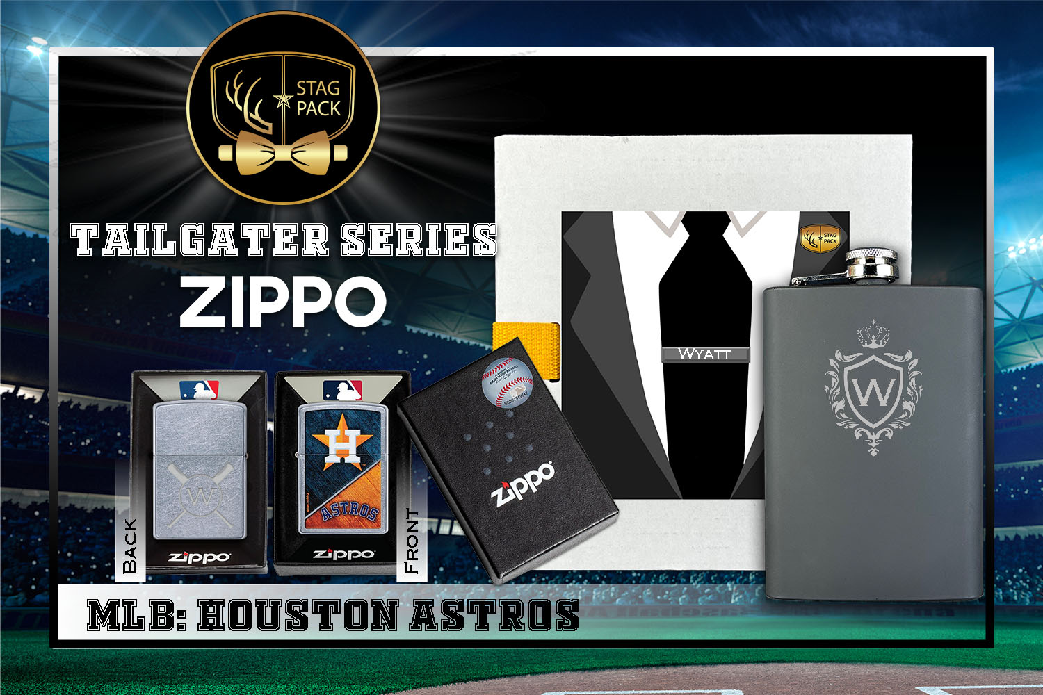 Custom Engraved Groomsmen Gift with Flask & Zippo Windproof Lighter in a Personalized Gift Box.