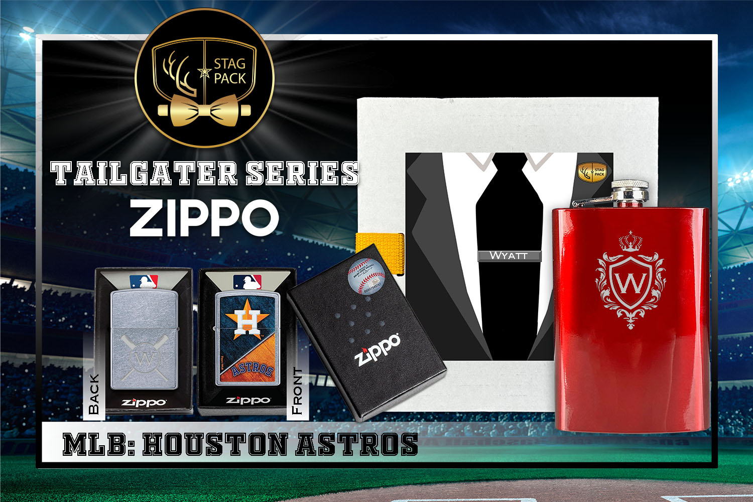 Custom Engraved Groomsmen Gift with Flask & Zippo Windproof Lighter in a Personalized Gift Box.