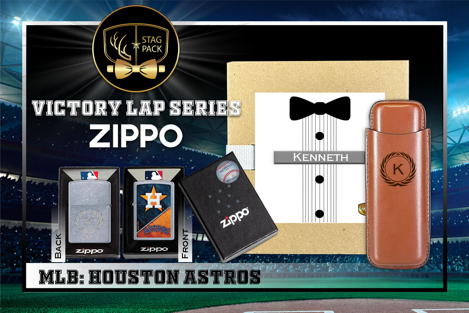 Custom Engraved Groomsmen Gift with Dual Sleeve Leather Cigar Case & Zippo Windproof Lighter in a Personalized Gift Box.