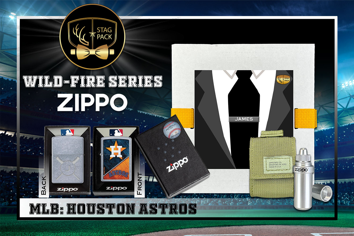 Custom Engraved Groomsmen Gift with MLB Windproof Zippo Lighter, a Fluid Canister and Pouch Gift-Pack in a Personalized Gift Box.