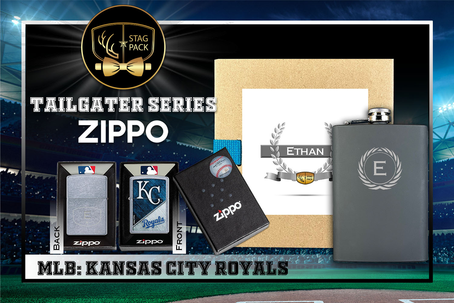 Custom Engraved Groomsmen Gift with Flask & Zippo Windproof Lighter in a Personalized Gift Box.
