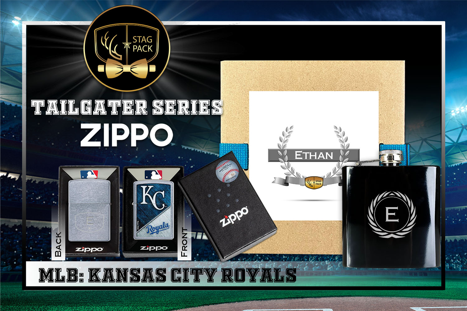 Custom Engraved Groomsmen Gift with Flask & Zippo Windproof Lighter in a Personalized Gift Box.