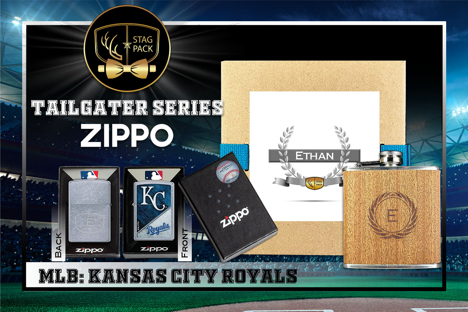 Custom Engraved Groomsmen Gift with Flask & Zippo Windproof Lighter in a Personalized Gift Box.