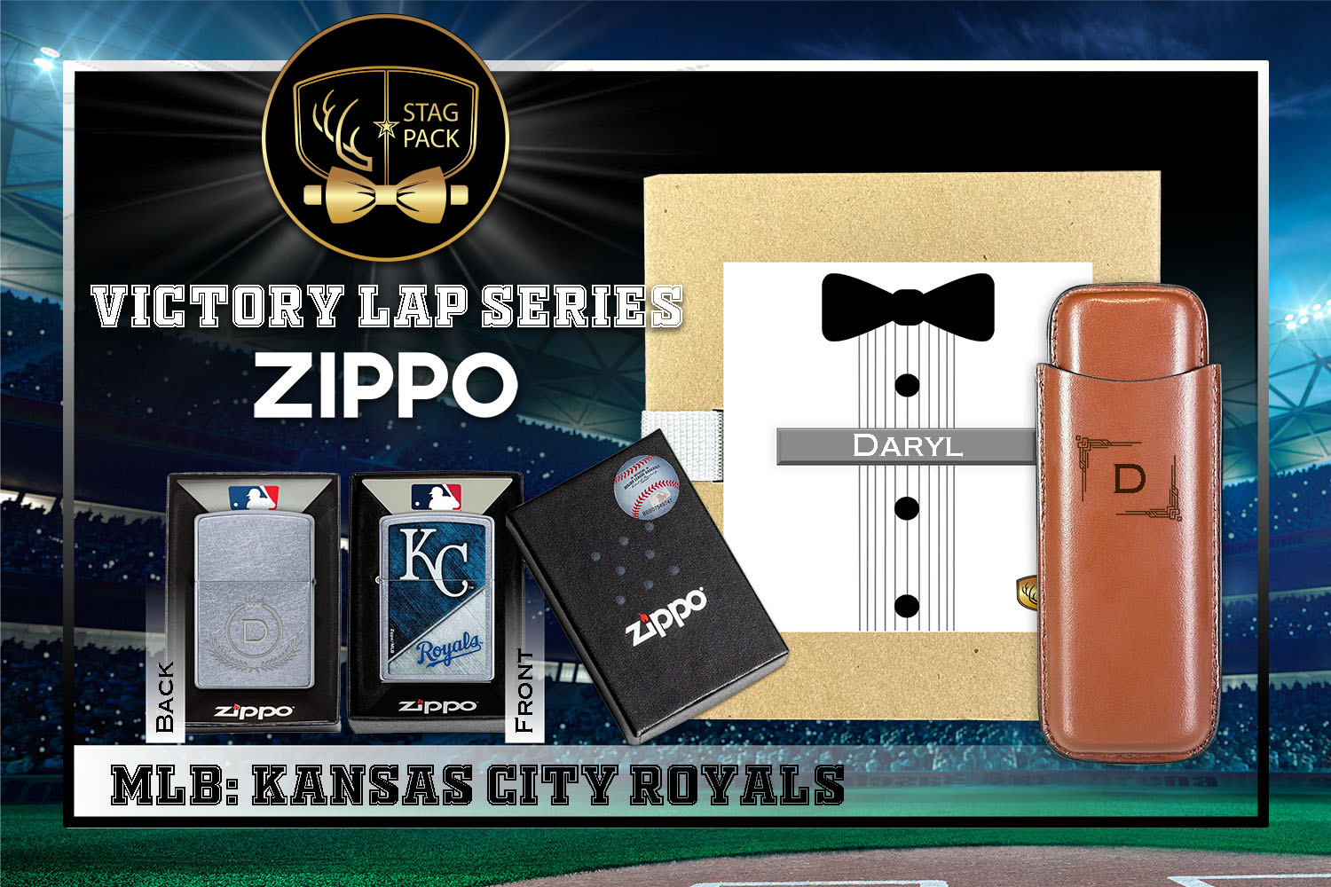 Custom Engraved Groomsmen Gift with Dual Sleeve Leather Cigar Case & Zippo Windproof Lighter in a Personalized Gift Box.