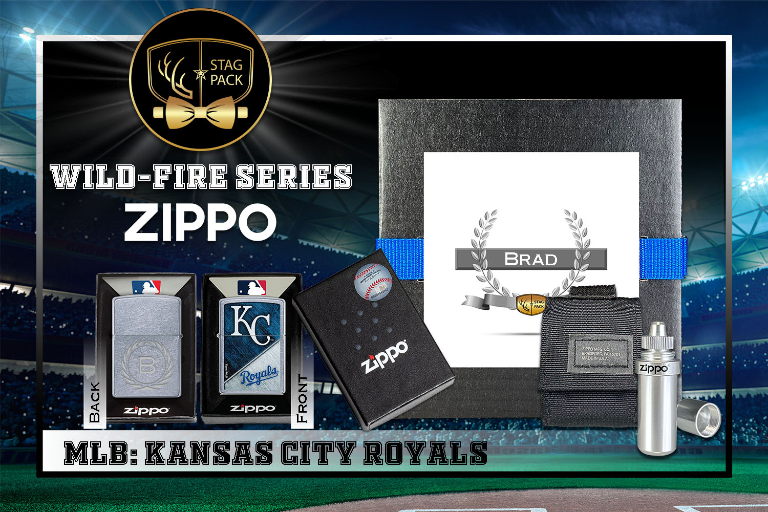 Custom Engraved Groomsmen Gift with MLB Windproof Zippo Lighter, a Fluid Canister and Pouch Gift-Pack in a Personalized Gift Box.