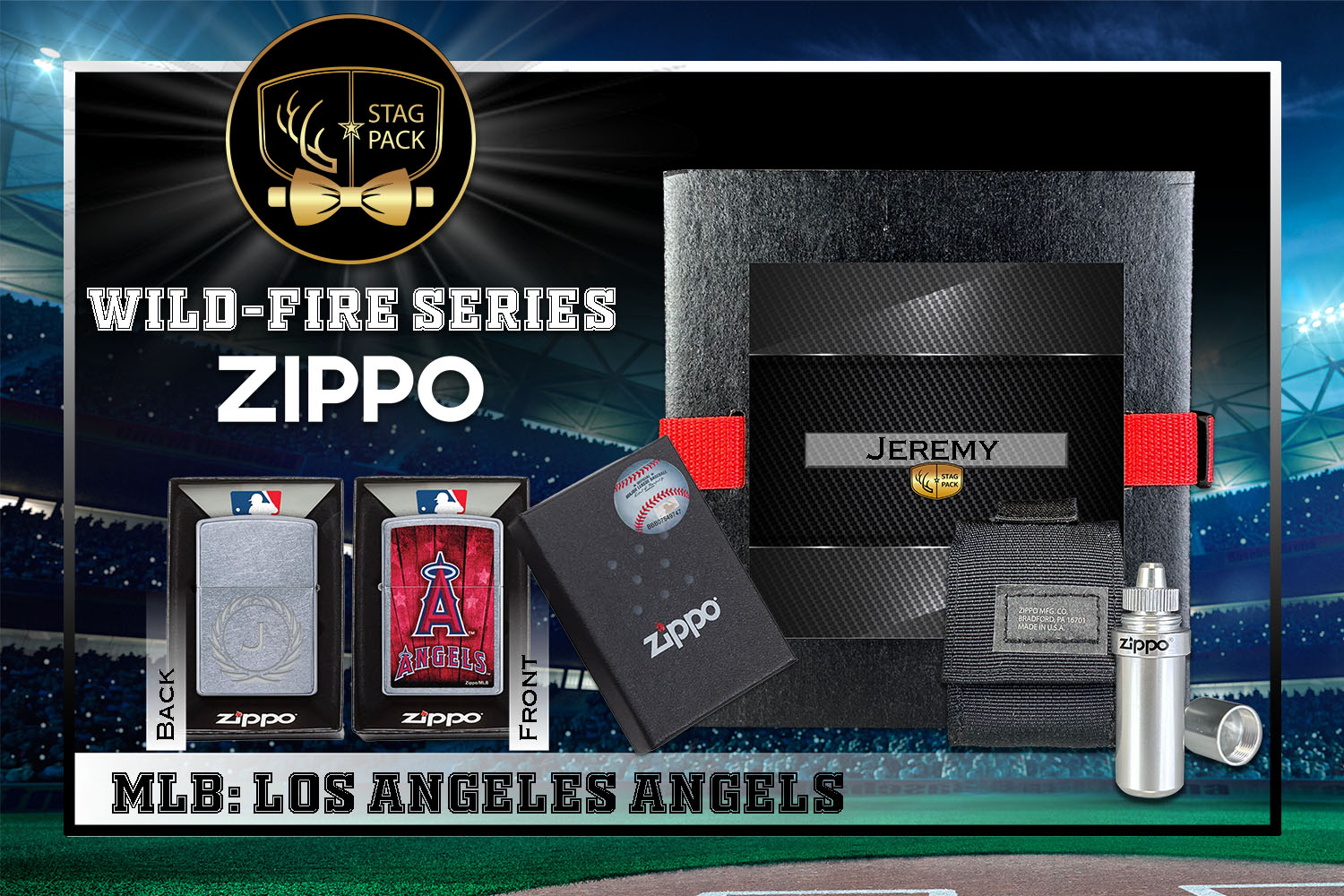 Custom Engraved Groomsmen Gift with MLB Windproof Zippo Lighter, a Fluid Canister and Pouch Gift-Pack in a Personalized Gift Box.