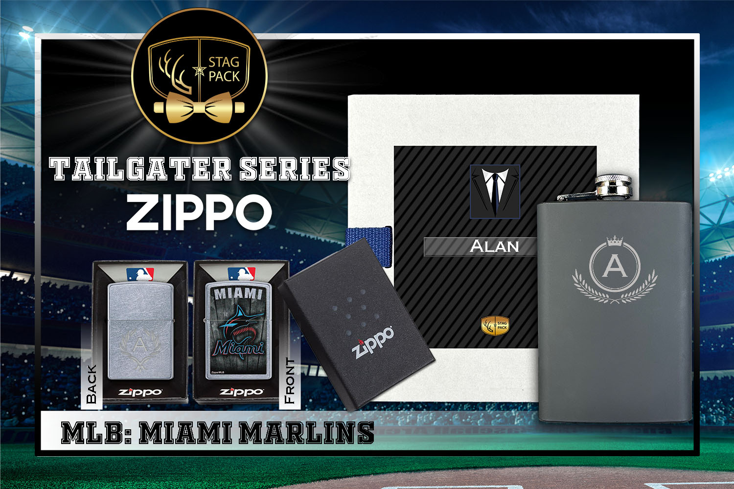 Custom Engraved Groomsmen Gift with Flask & Zippo Windproof Lighter in a Personalized Gift Box.
