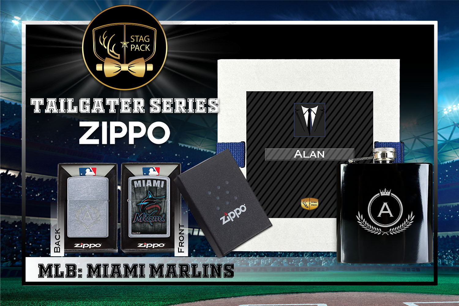 Custom Engraved Groomsmen Gift with Flask & Zippo Windproof Lighter in a Personalized Gift Box.