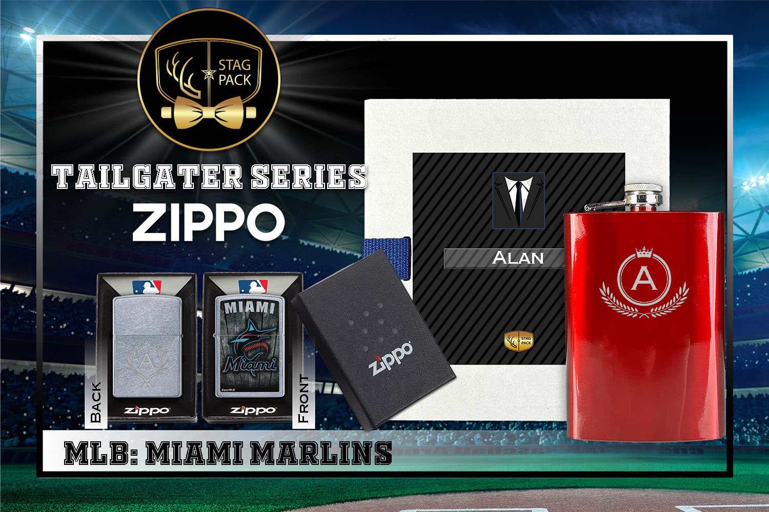 Custom Engraved Groomsmen Gift with Flask & Zippo Windproof Lighter in a Personalized Gift Box.