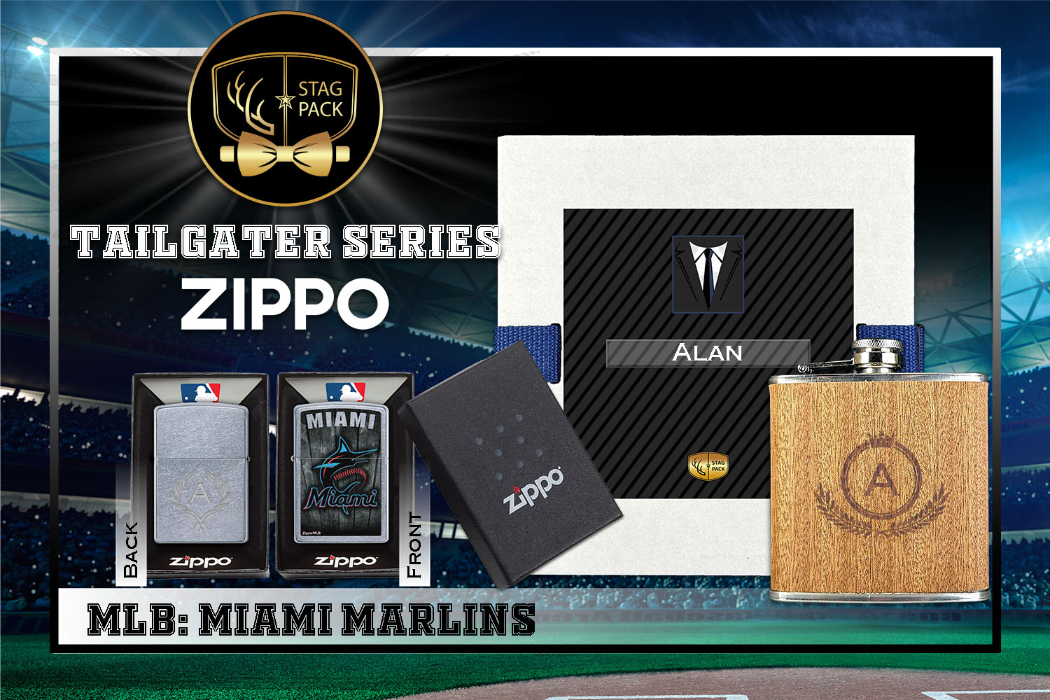 Custom Engraved Groomsmen Gift with Flask & Zippo Windproof Lighter in a Personalized Gift Box.
