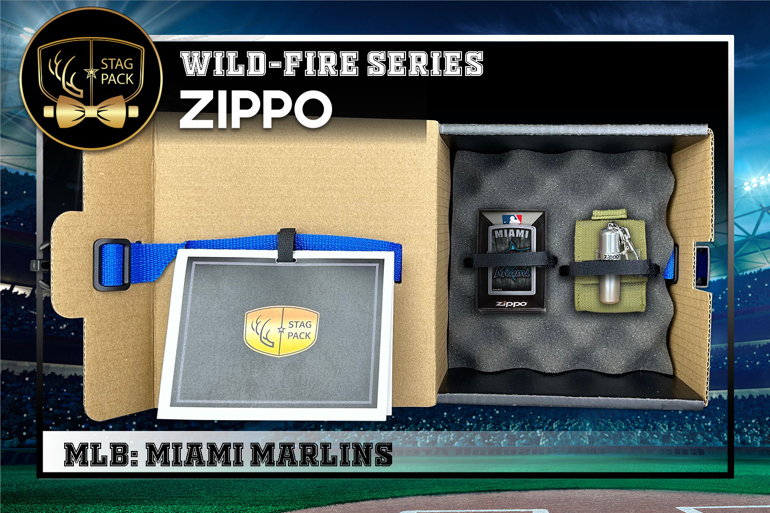 Custom Engraved Groomsmen Gift with MLB Windproof Zippo Lighter, a Fluid Canister and Pouch packaged in a Personalized Gift Box with a Message Card.