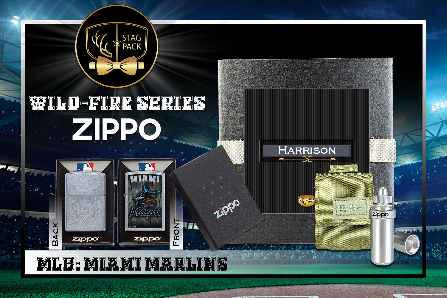 Custom Engraved Groomsmen Gift with MLB Windproof Zippo Lighter, a Fluid Canister and Pouch Gift-Pack in a Personalized Gift Box.