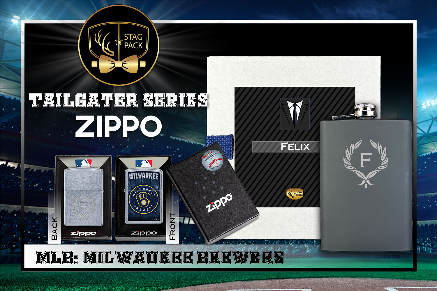 Custom Engraved Groomsmen Gift with Flask & Zippo Windproof Lighter in a Personalized Gift Box.