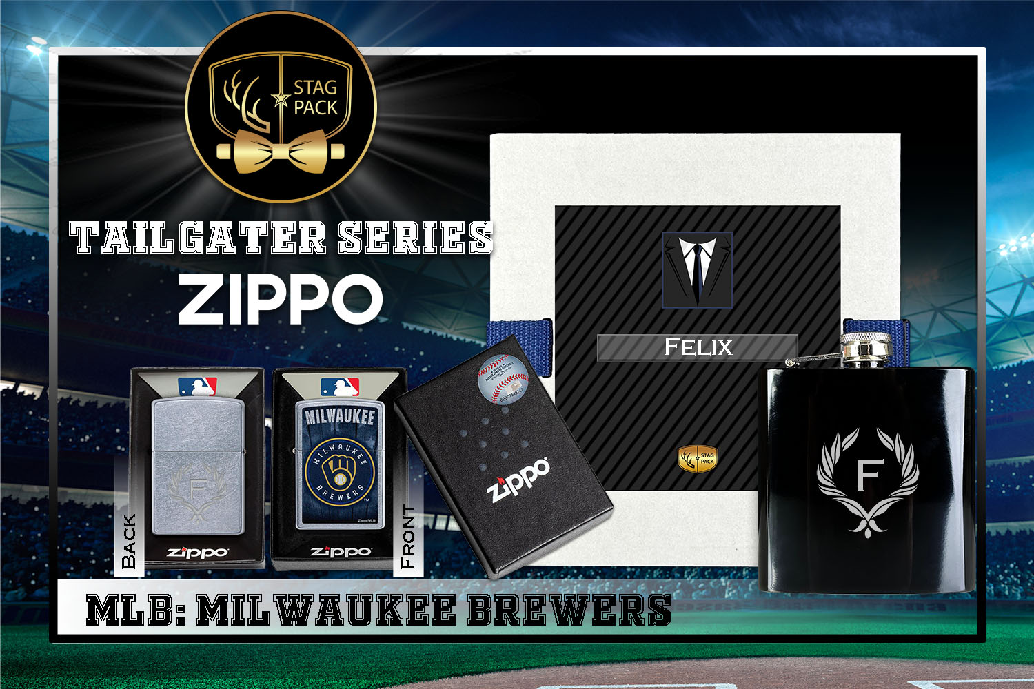 Custom Engraved Groomsmen Gift with Flask & Zippo Windproof Lighter in a Personalized Gift Box.