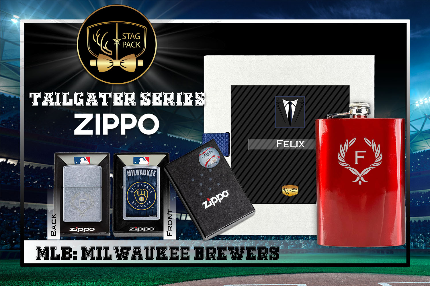 Custom Engraved Groomsmen Gift with Flask & Zippo Windproof Lighter in a Personalized Gift Box.