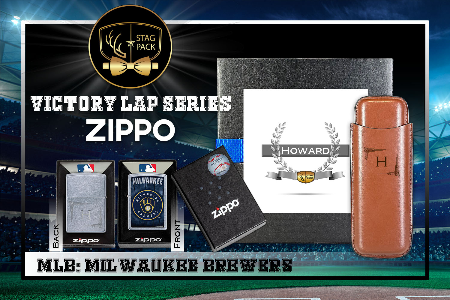Custom Engraved Groomsmen Gift with Dual Sleeve Leather Cigar Case & Zippo Windproof Lighter in a Personalized Gift Box.
