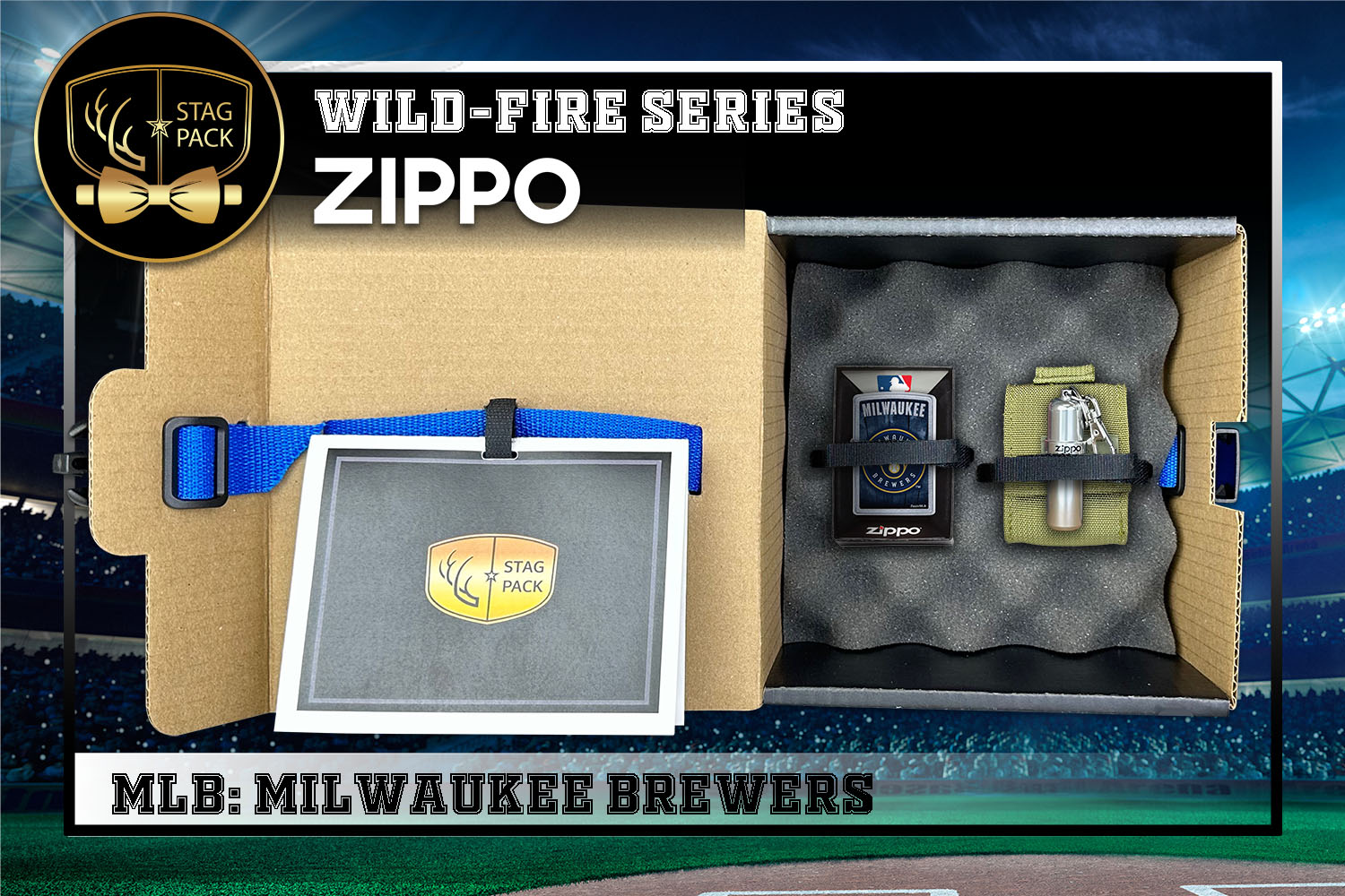 Custom Engraved Groomsmen Gift with MLB Windproof Zippo Lighter, a Fluid Canister and Pouch packaged in a Personalized Gift Box with a Message Card.