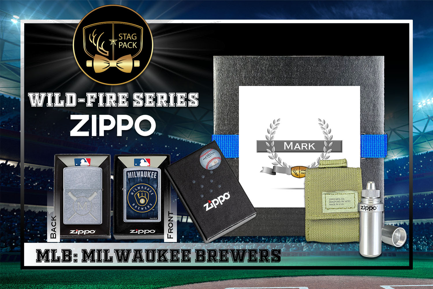 Custom Engraved Groomsmen Gift with MLB Windproof Zippo Lighter, a Fluid Canister and Pouch Gift-Pack in a Personalized Gift Box.