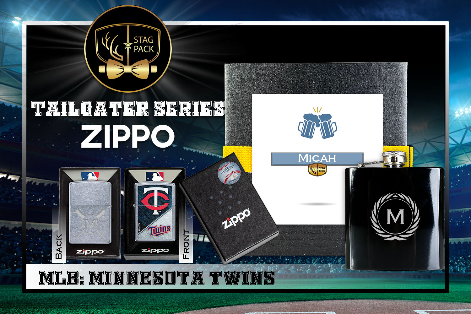 Custom Engraved Groomsmen Gift with Flask & Zippo Windproof Lighter in a Personalized Gift Box.